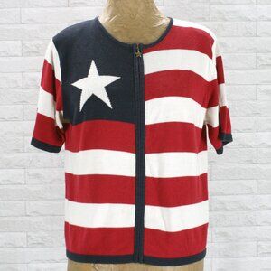 CHRISTOPHER & BANKS Cardigan Sweater Short Sleeve American Flag Stripes Red Med